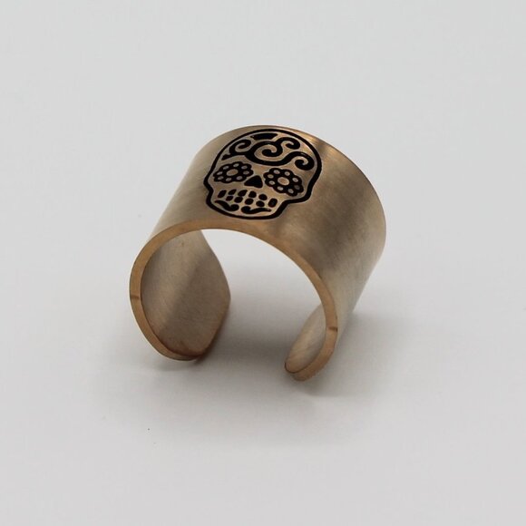 Jewelry ring band wide size 6.5 adjustable skull Dia de Muertos rose gold tone - Picture 2 of 7